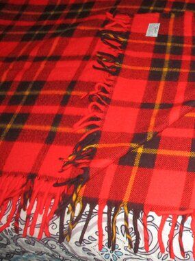 Vintage Red Plaid Wool Blanket 56" x 53" w 2 Fringe Faribault USA Made Throw Lap